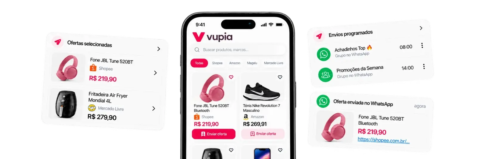 Celular com a Vupia, ofertas selecionadas e envios programados para o WhatsApp.